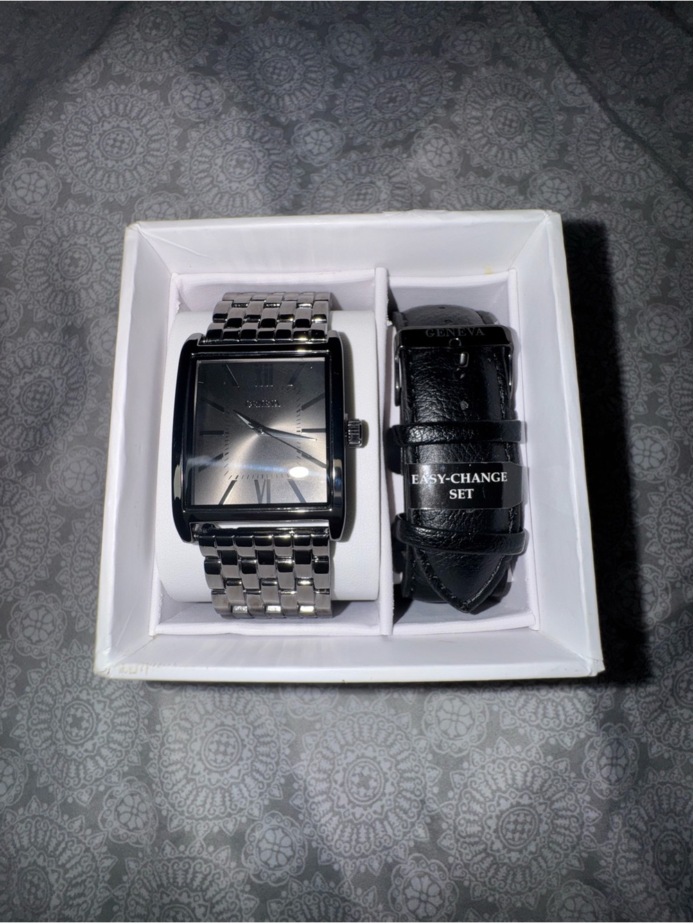 Geneva Silver Men's Rectangular Watch with Black Leather Strap
